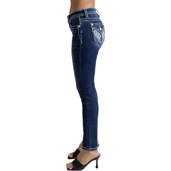 Women's Bohemian Feathered Wings Faux Flap Pockets Mid-Rise Skinny Jeans - Picture 2 of 4